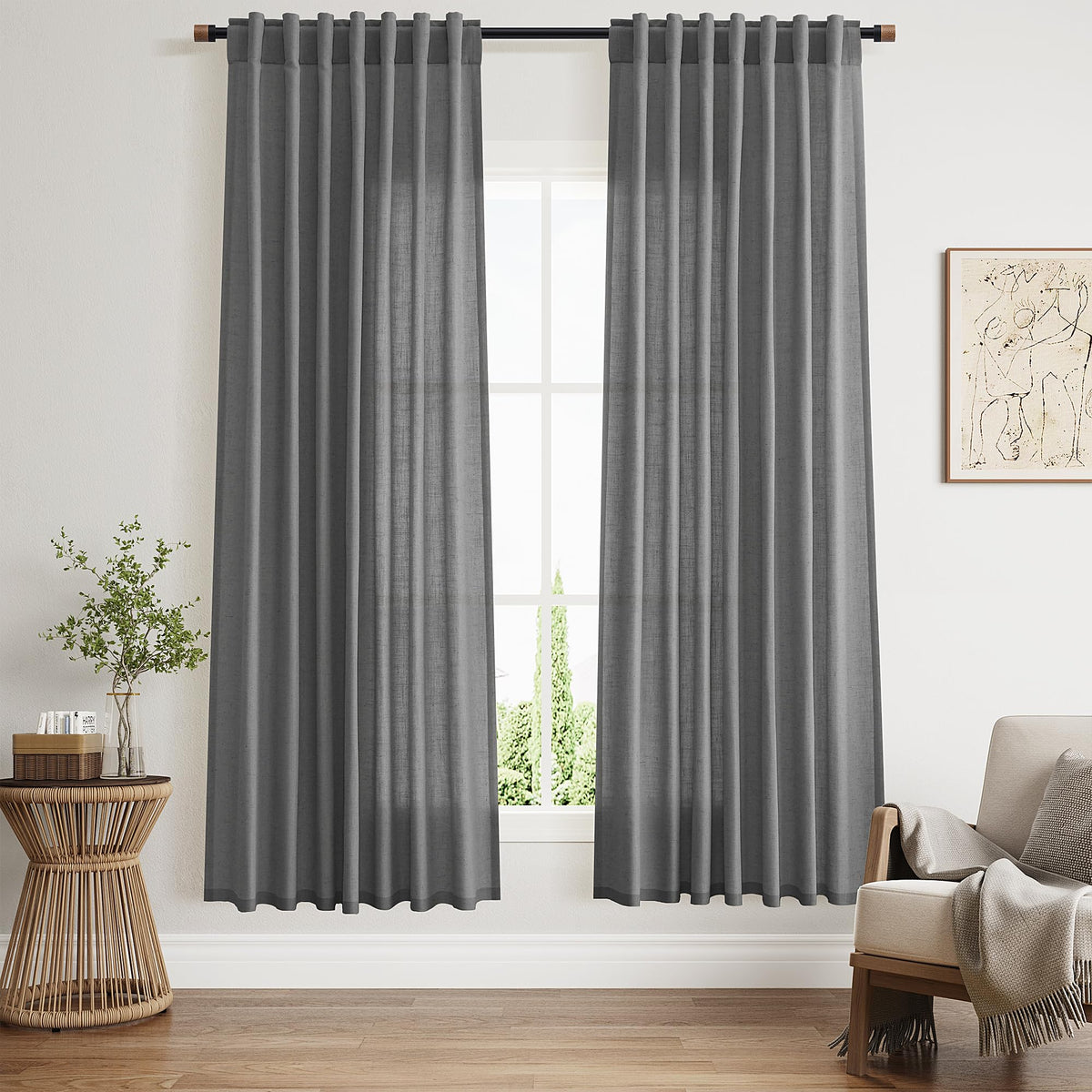 Blazer Grey Linen Curtains 72 Inch Long Bedroom Lightweight Door Drapes 2 Panels Set, Semi Sheer Light Filtering Back