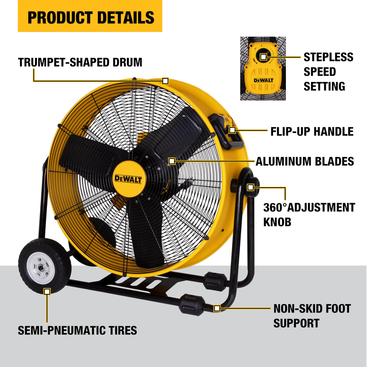 24 Inch Floor Fan, 360° Adjustable Tilt Drum Fan with Wheels DXF2490