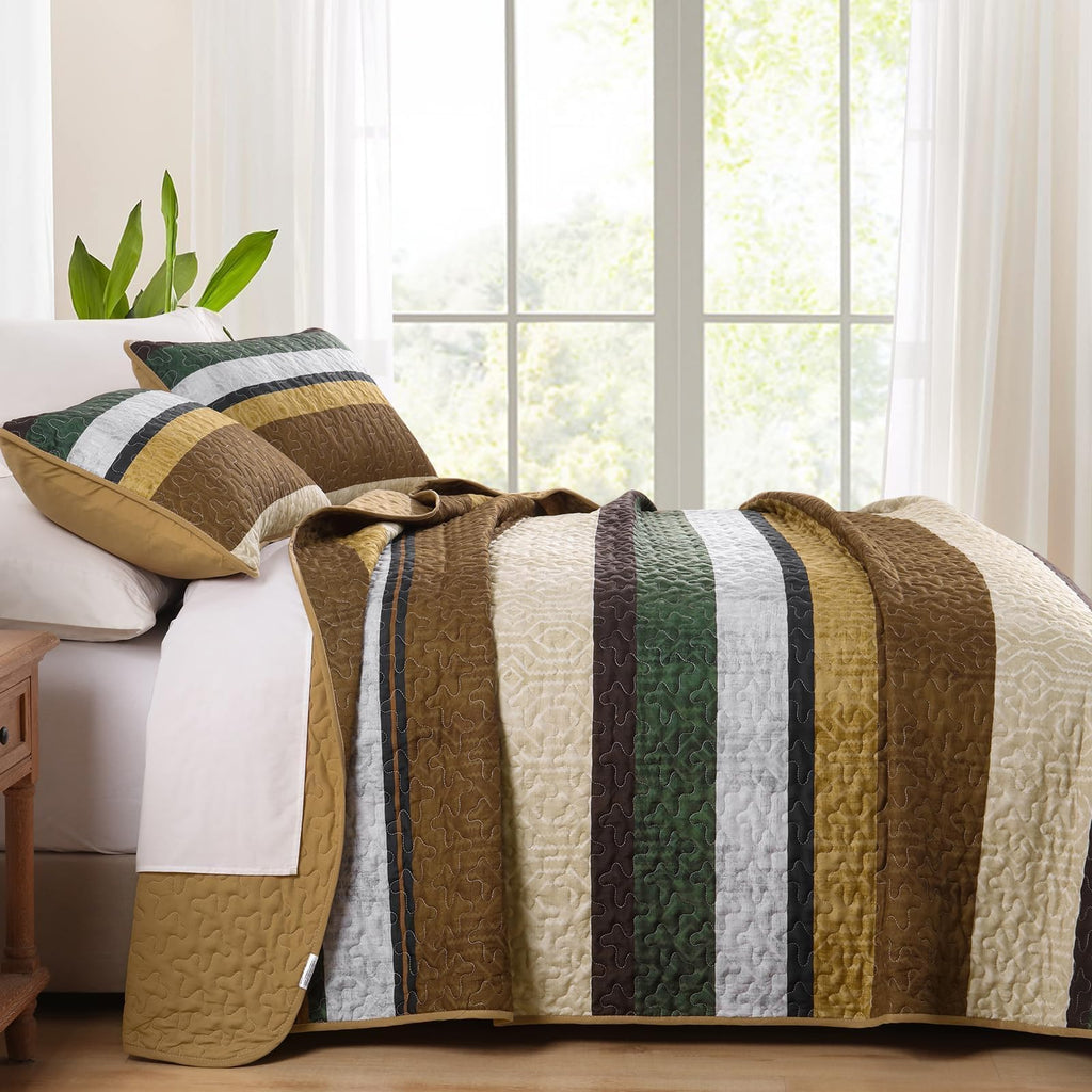 Stripe Quilt Bedding Set, Boho Brown Lightweight Bedspread