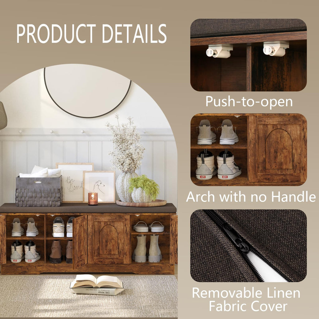 Shoe Storage Bench with Cushion, Door, Rustic Brown 47.2"LX17.7"H