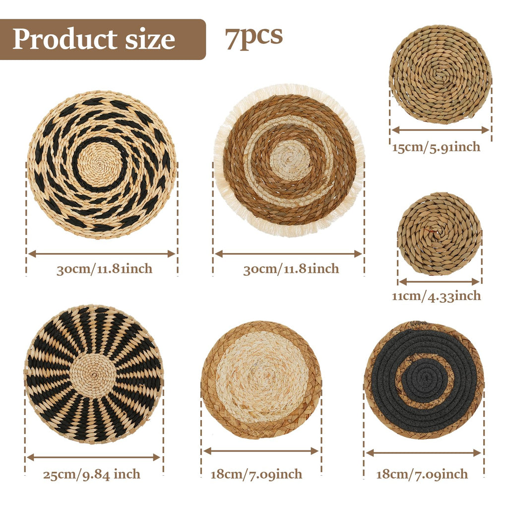7 Pack Boho Wall Basket Set, Hanging Woven Seagrass Rattan Wicker Decor, Round Art for Farmhouse Bedroom Living Room
