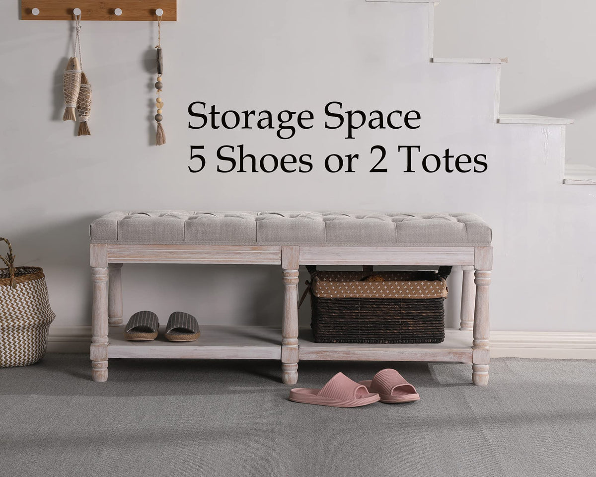 Farmhouse Storage Bench Wooden Entryway Upholstered Tufted Ottoman Bench End of Bed Hallway Organizer, Beige