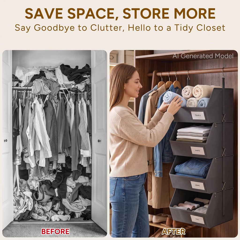 4-Tier Hanging Closet Organizer, Detachable Hanging Storage Shelves with Reinforced Side Panels, Hanging Closet