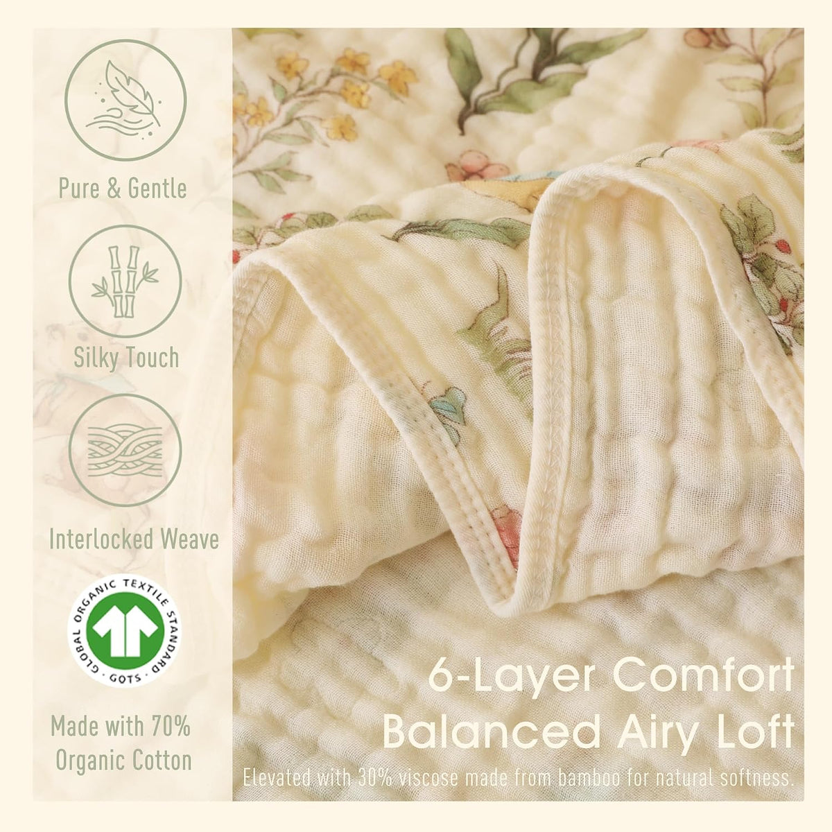 Layer Muslin Baby Blanket, Organic Cotton Blend (Garden, 43x43)