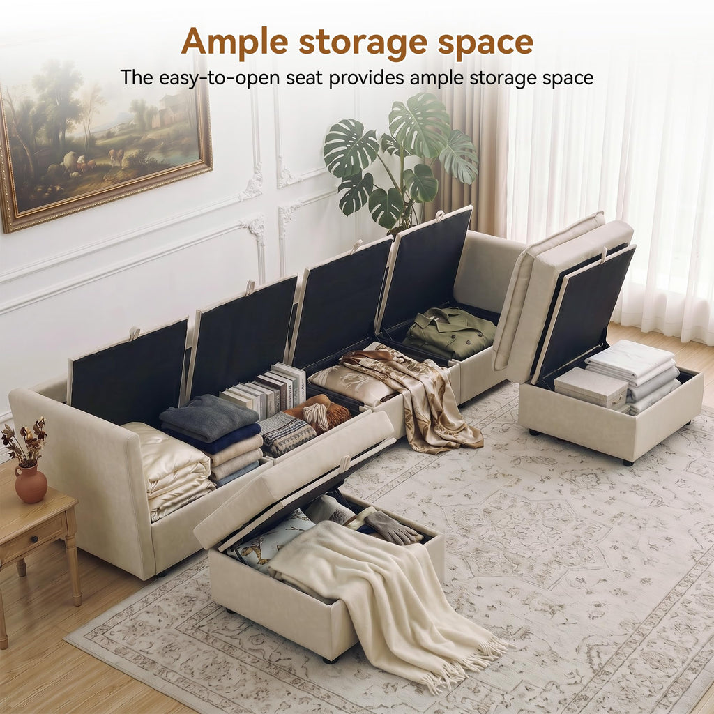 105" Beige Faux Leather Storage 4 Seater Sofa with 2 Ottomans, Comfy Couch