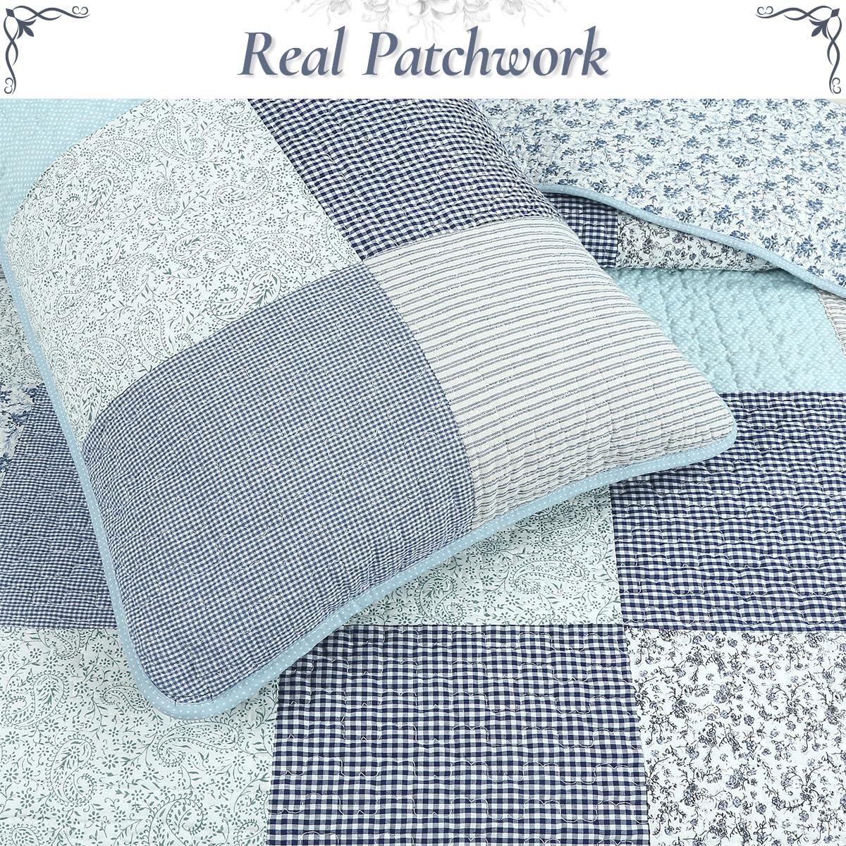 Blue Checker Cottage Quilt Bedding Set - 3‐Piece 100% Cotton Reversible Patchwork Quilt with Shams, Country Farmhouse