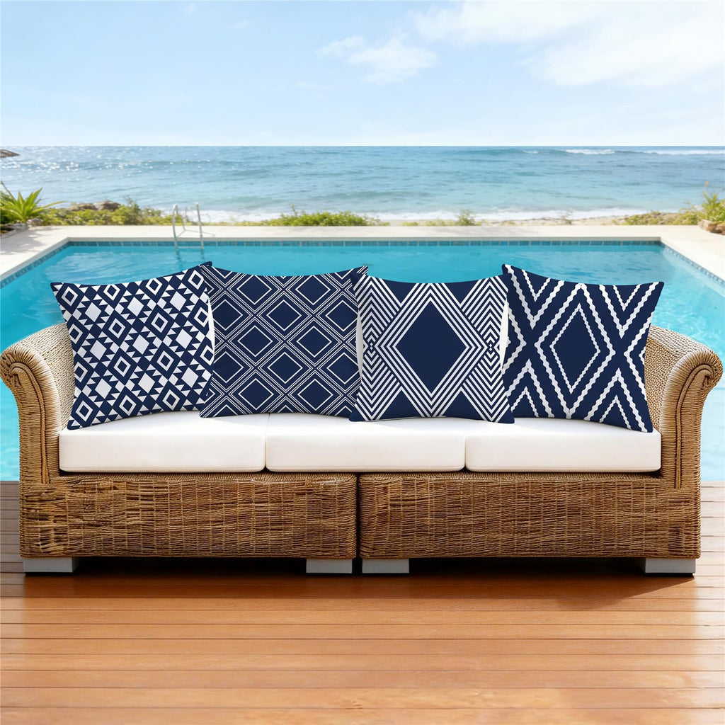 Outdoor Waterproof Pillow Covers 18x18 Set of 4 Navy Blue and White Modern Geometry Decorative Outdoor Throw Pillows