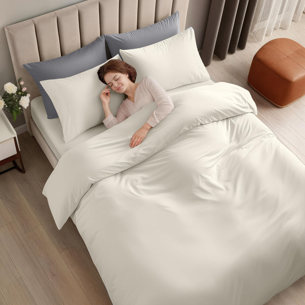 Duvet Cover, 4 PC Cotton Like Polyester With Zipper Closure, Ivory