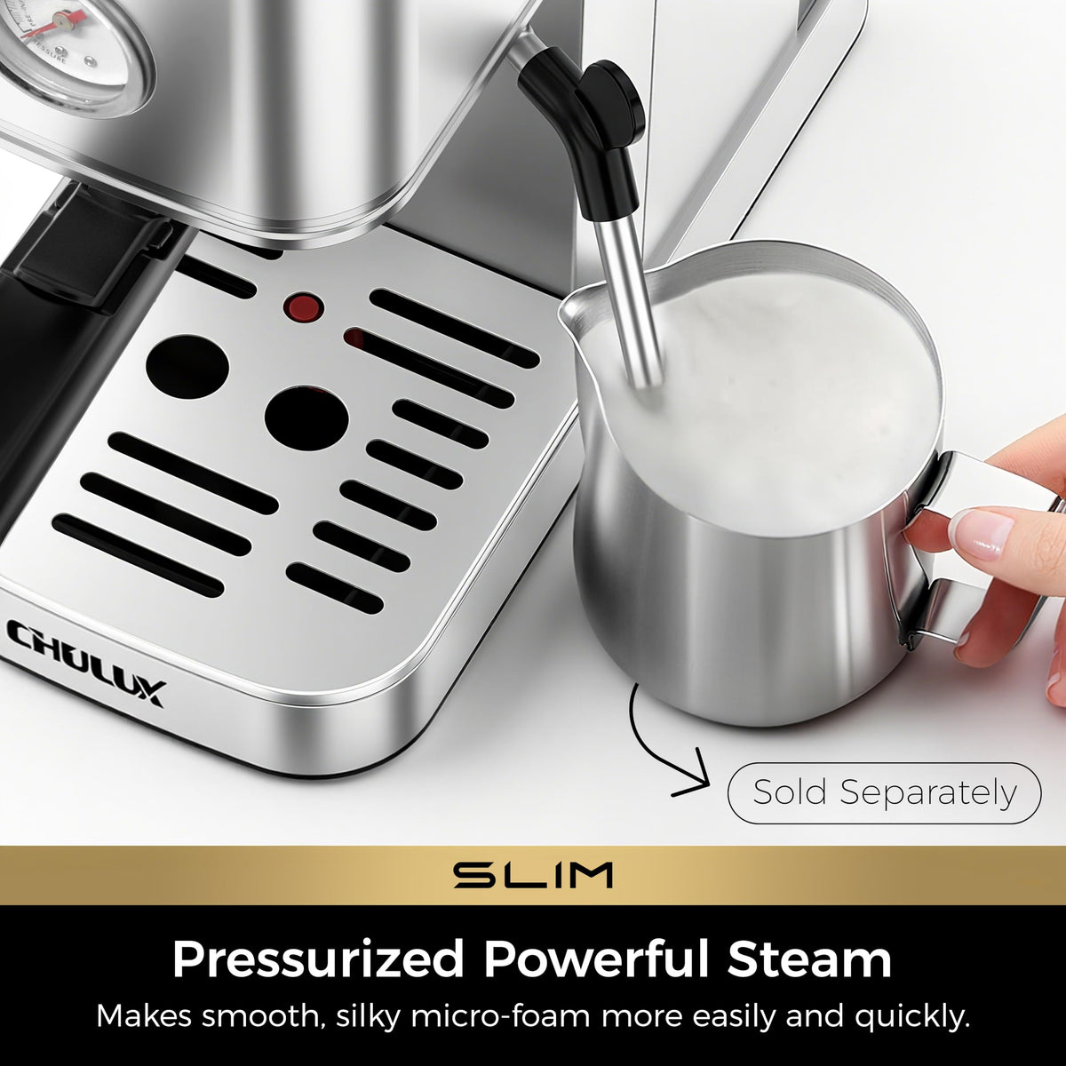 Slim Espresso Machine with Milk Frother Latte, Metal Silver