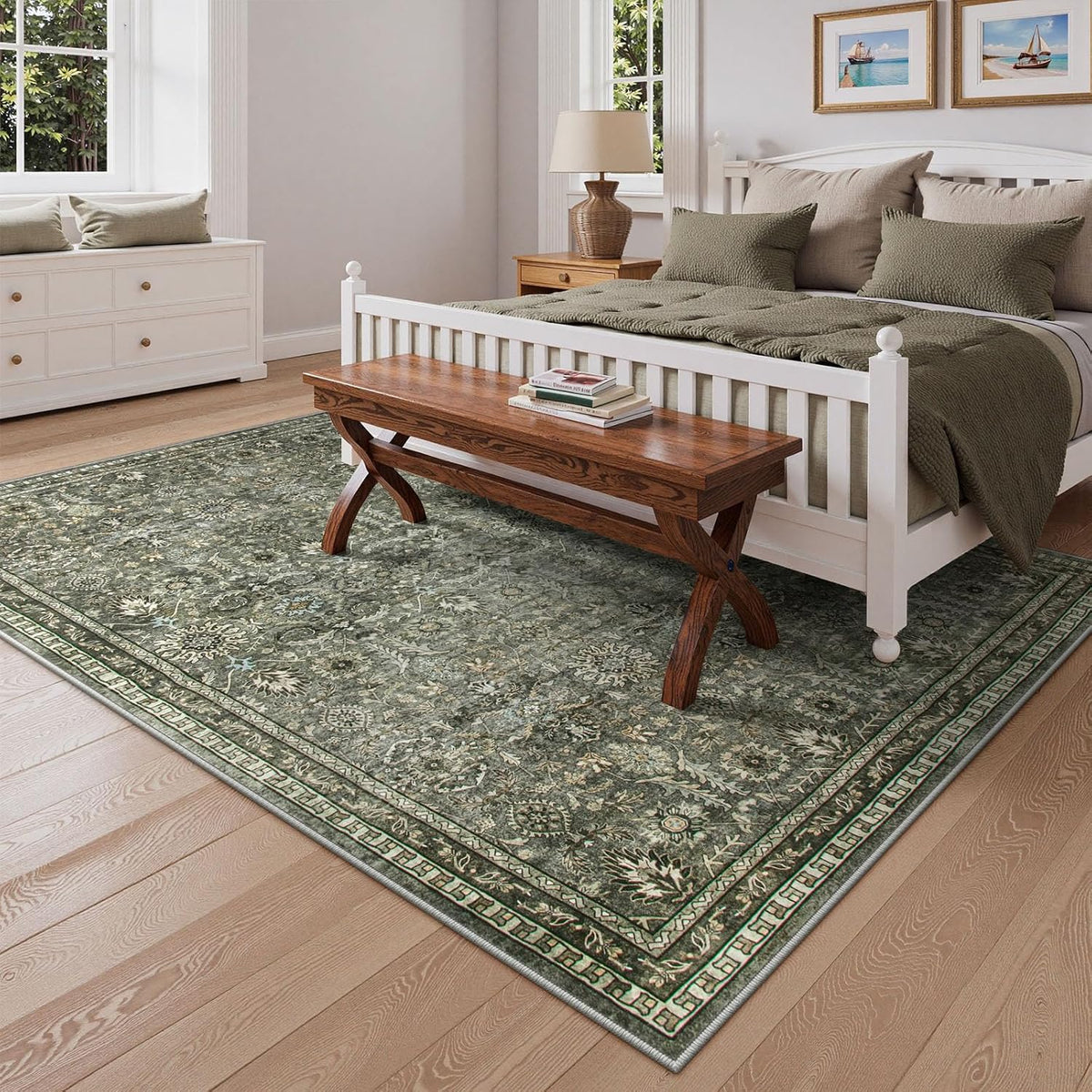Sage Green Area Rug, Machine Washable Rugs, Boho Vintage Soft Bedroom Carpet Nursery Apartment Office, Dark Green