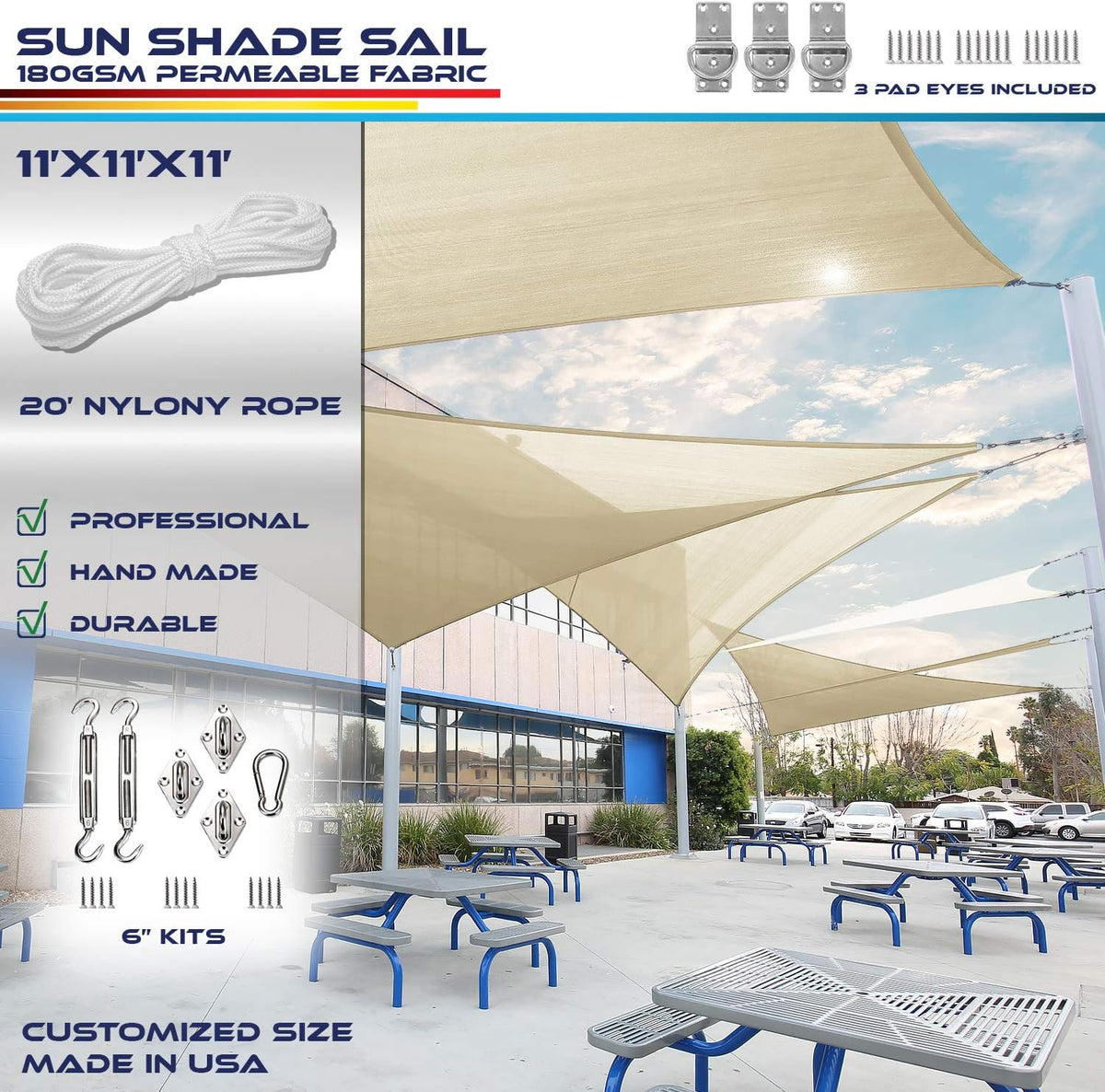 11' x 11' x 11' Sun Shade Sail Equilateral Triangle Outdoor Canopy Cover with Hardware Kit UV Block for Backyard