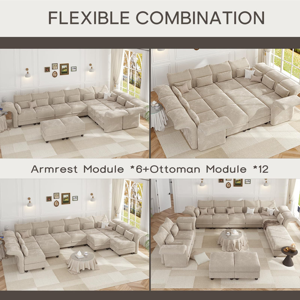 Deep Modular Sectional Sofa Sleeper 12 Person Chenille Sectional Couches with Storage Ottoman, Adjustable Arms Backs