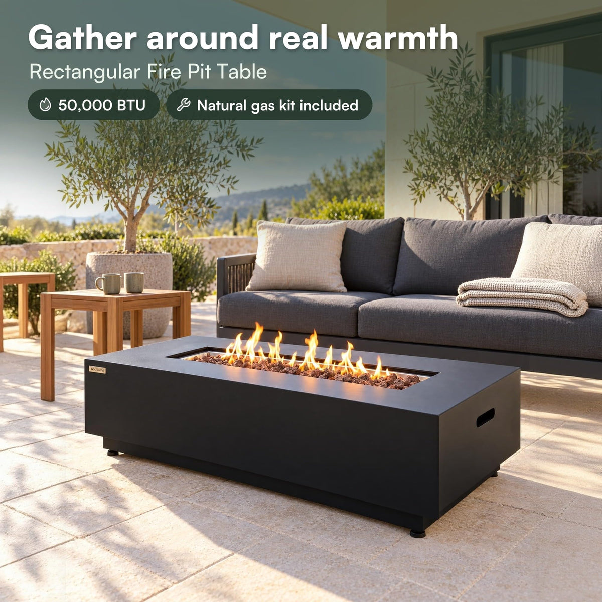 Westwood Fire Table Outdoor Fire Pit 50" x 26" Rectangular Propane Firepit Includes Lava Rocks 50, 000 BTUs Outdoor