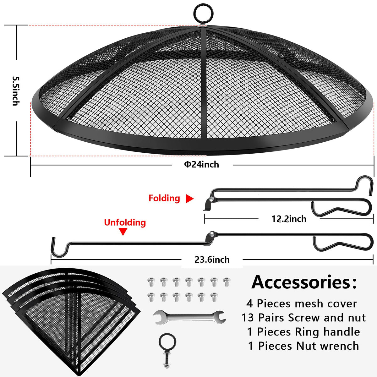 Fire Pit Spark Screen, Fire Pit Screen 24 Inch Round with Handle & Poker