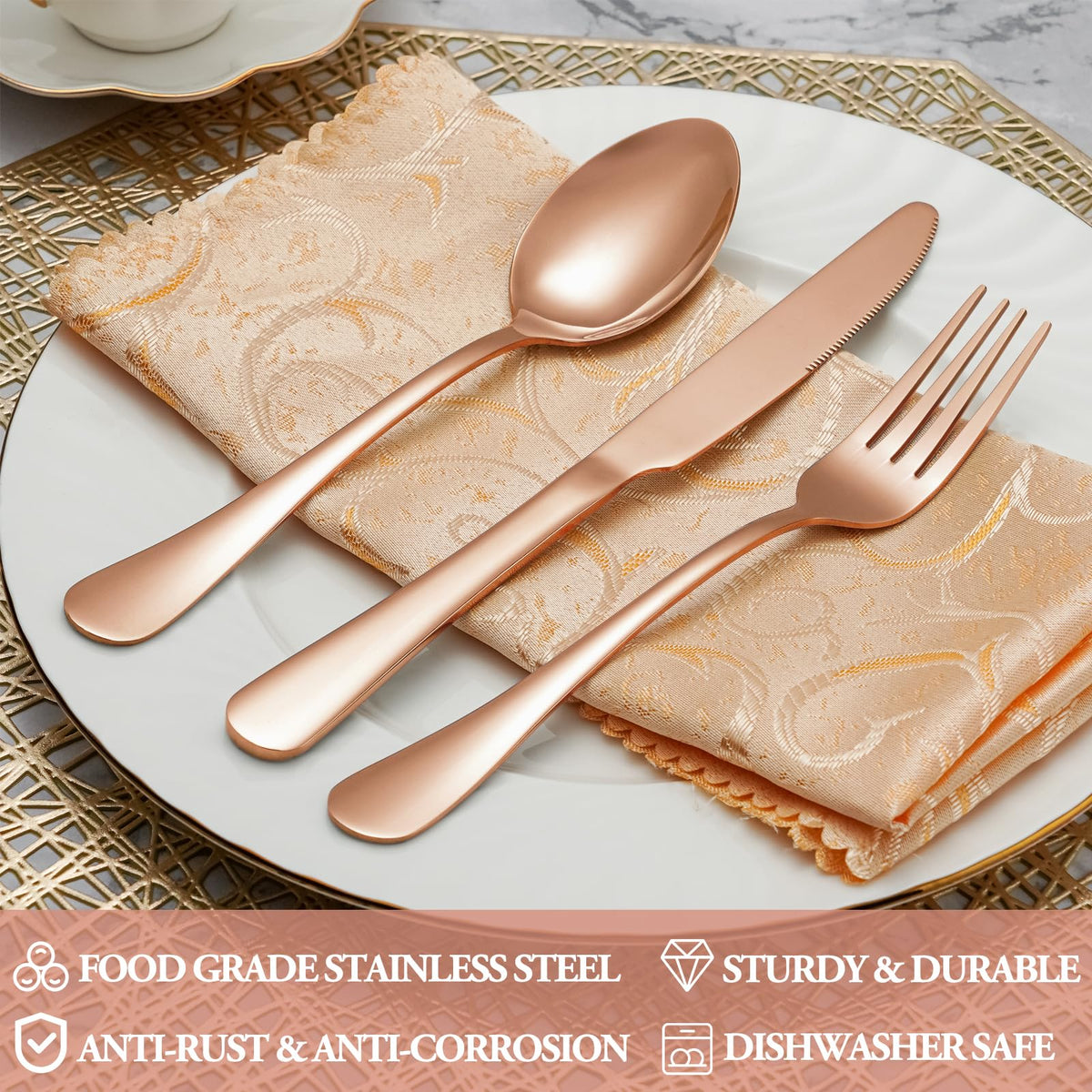 30 Pcs Rose Gold Silverware Set for 6, Premium Stainless Steel Flatware Set, Cutlery Utensil Set, Durable Home