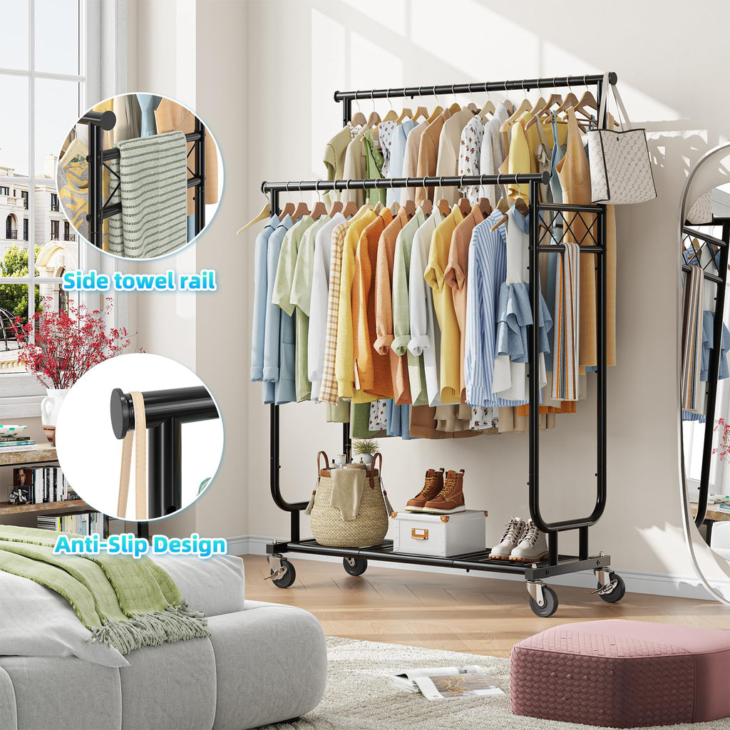Heavy Duty Clothes Rack, Rolling Clothing Rack With Shelves Load 450 LBS, Double Rod Clothing Racks with Wheels for