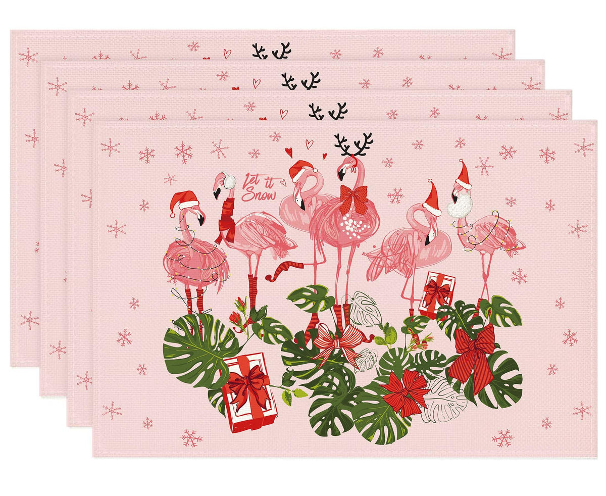 Pink Hawaiian Christmas Placemats Set of 4, Xmas Decorations