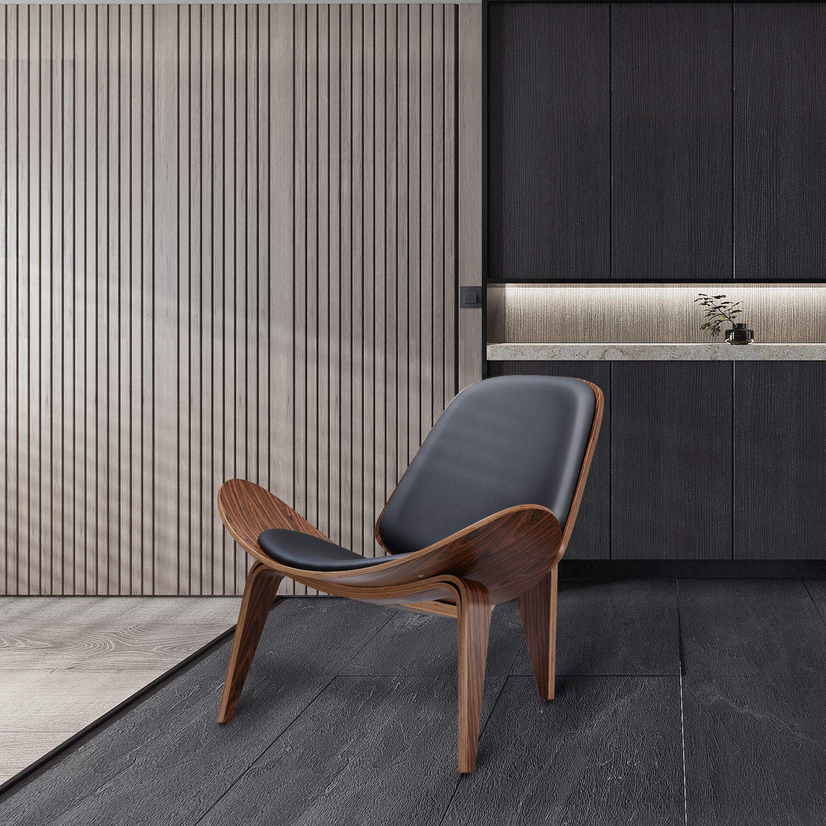 Inspired Eames Style Mid Century Modern Shell Lounge Chair, PU Leather, Tripod Plywood Solid Wood Accent Chairs, Reading