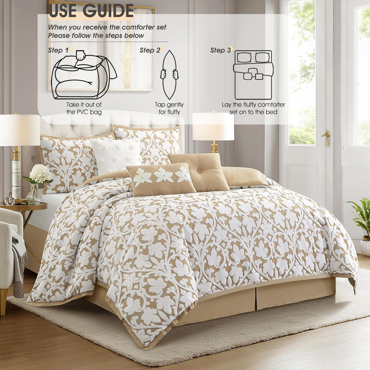 7 Pieces Comforter Set, Khaki, Jacquard Floral Pattern and Classy Damask Medallion Design, Ultra Soft, Includes