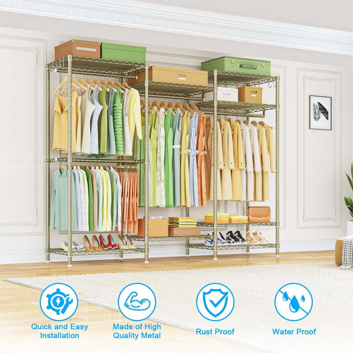 E13 Heavy Duty Clothes Rack(With 4 Hanger Rods & 8 Shelves) Freestanding Clothing Racks for Hanging