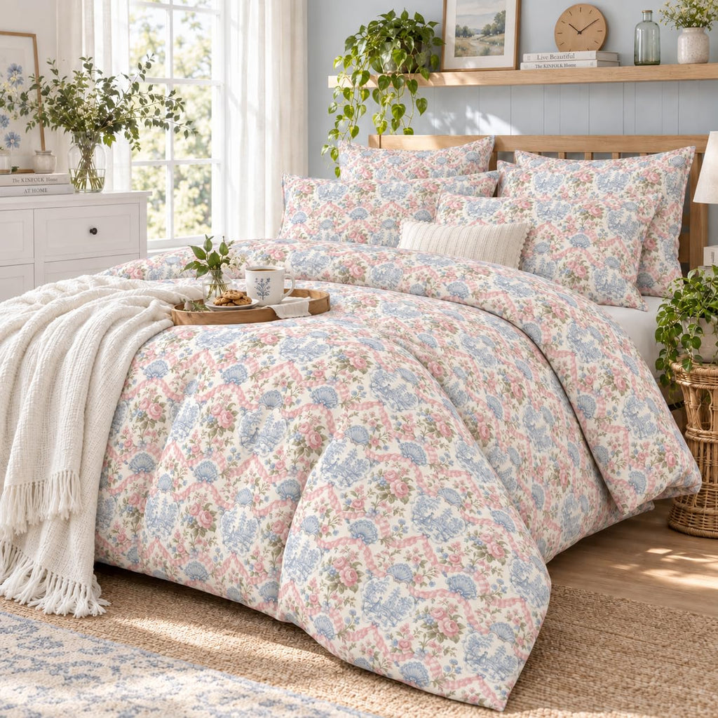 French Country Toile Comforter Queen, Victorian Floral Bedding