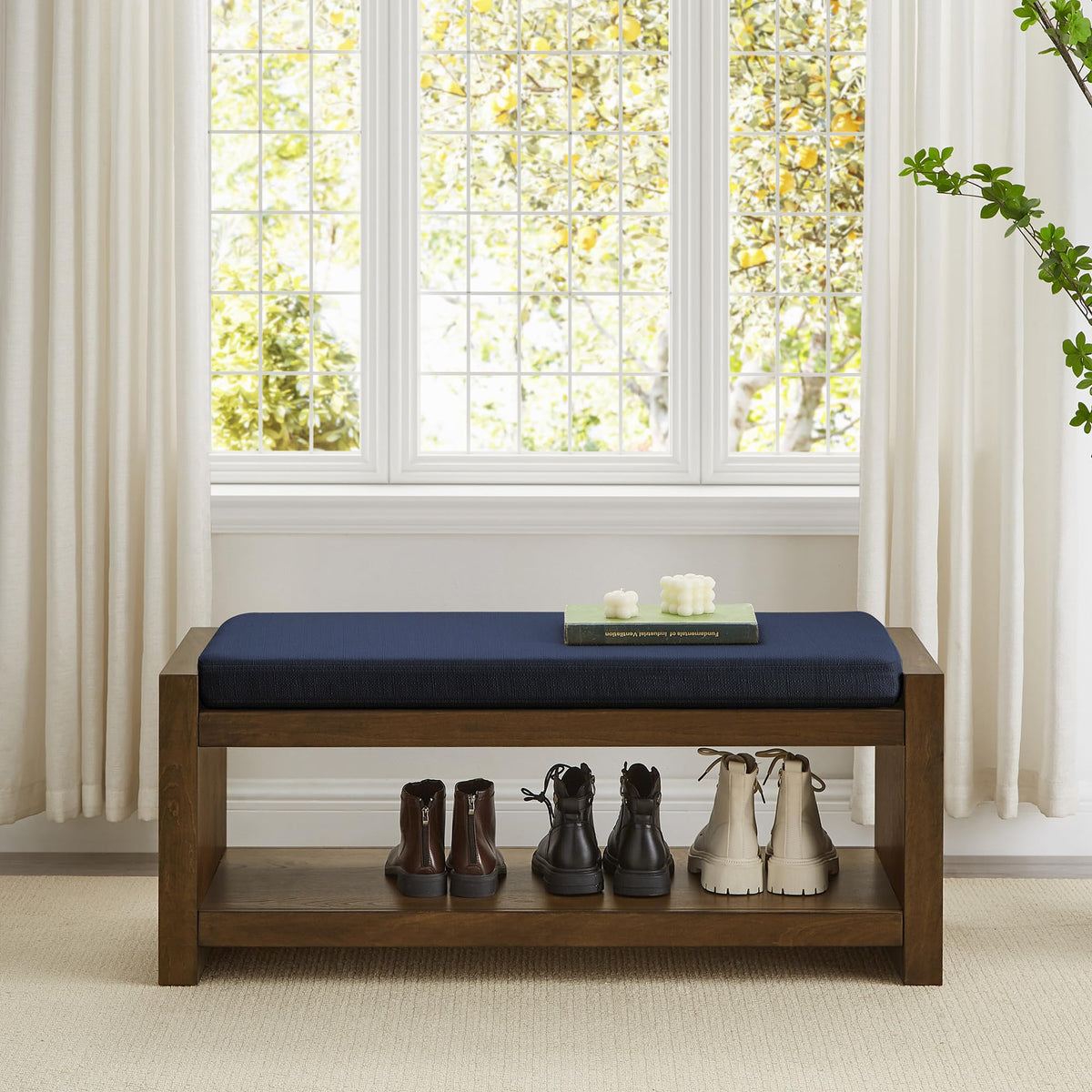 Shoe Storage Bench, 2-Tier Farmhouse Entryway Benches with Removable Cushion, Wooden Upholstered End of Bed Seat