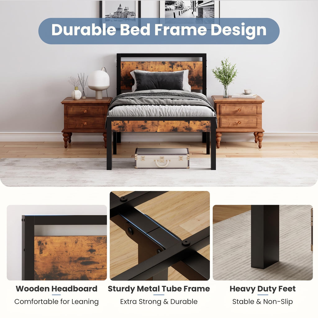 14 Inch Bed Frame with Wood Headboard, Rustic Brown