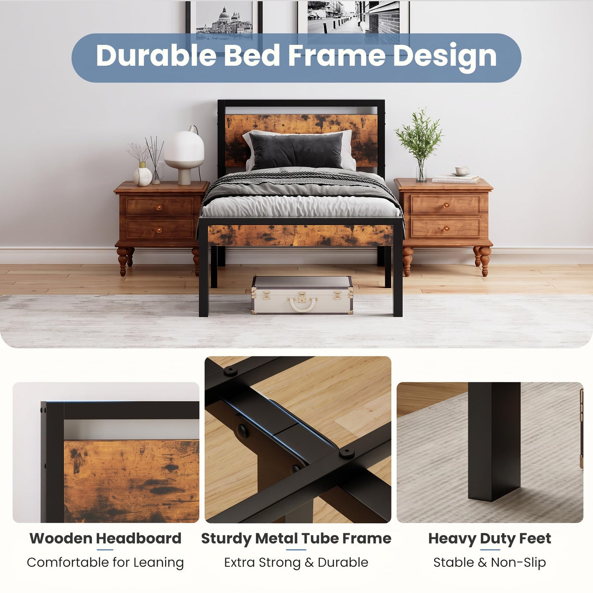 14 Inch Bed Frame with Wood Headboard, Rustic Brown