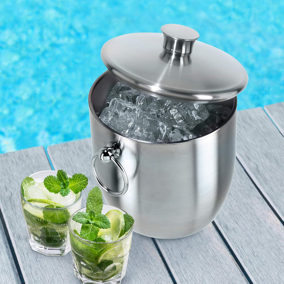 Double Wall Stainless Steel Ice Bucket - Insulated Ice Bucket with Elegant Steel Lid, Classic Handles & Stainless