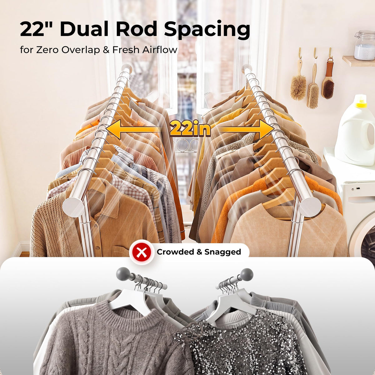 Clothes Rack Heavy Duty Clothing Rack Load 650 LBS Collapsible Garment Rack with Wheels Double Rod Clothes Rack for