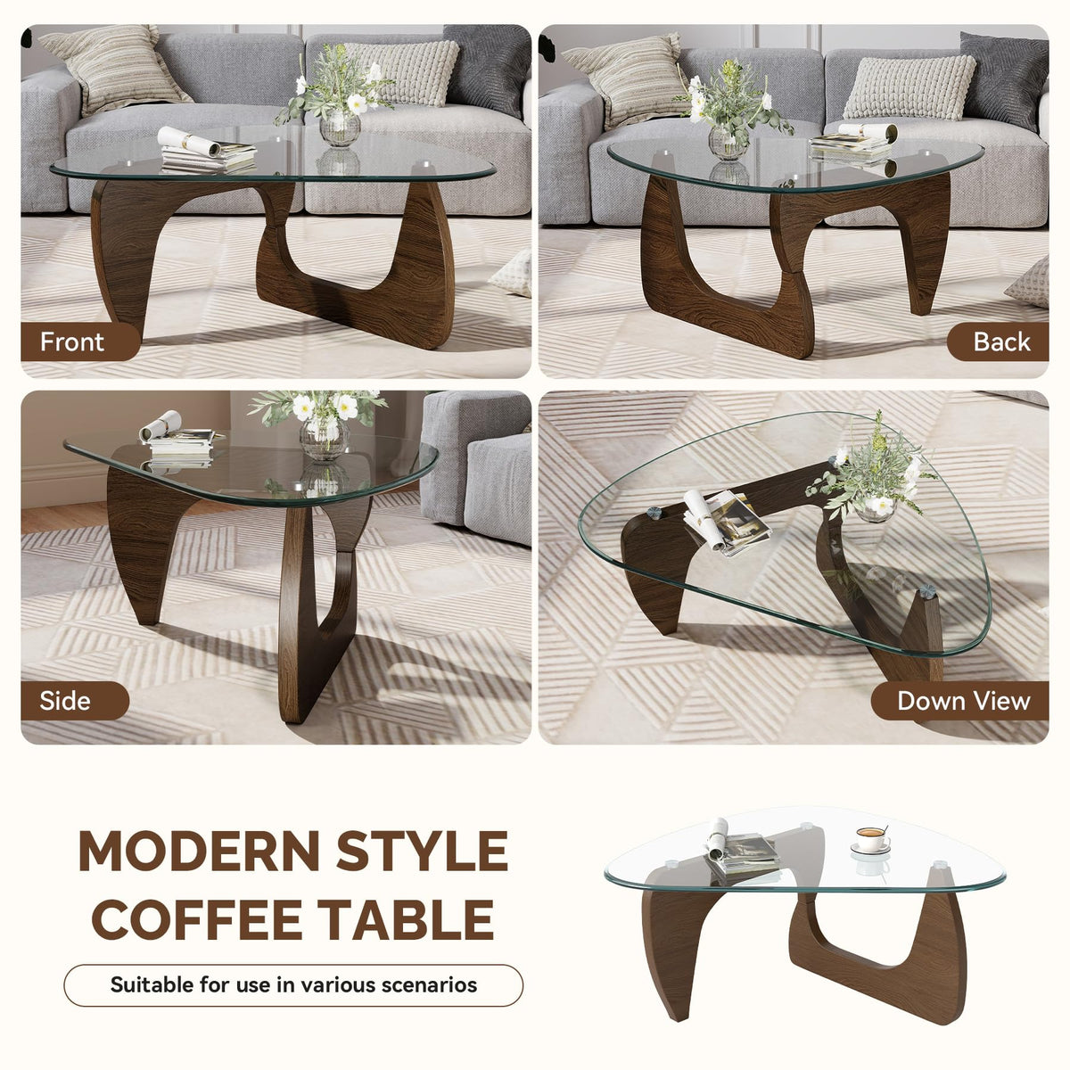 Inspired Noguchi Style Modern Glass Coffee Table, Triangle Center Table with Tempered Glass Top& Unique Wooden Base, 42.5" Mid Century Tea
