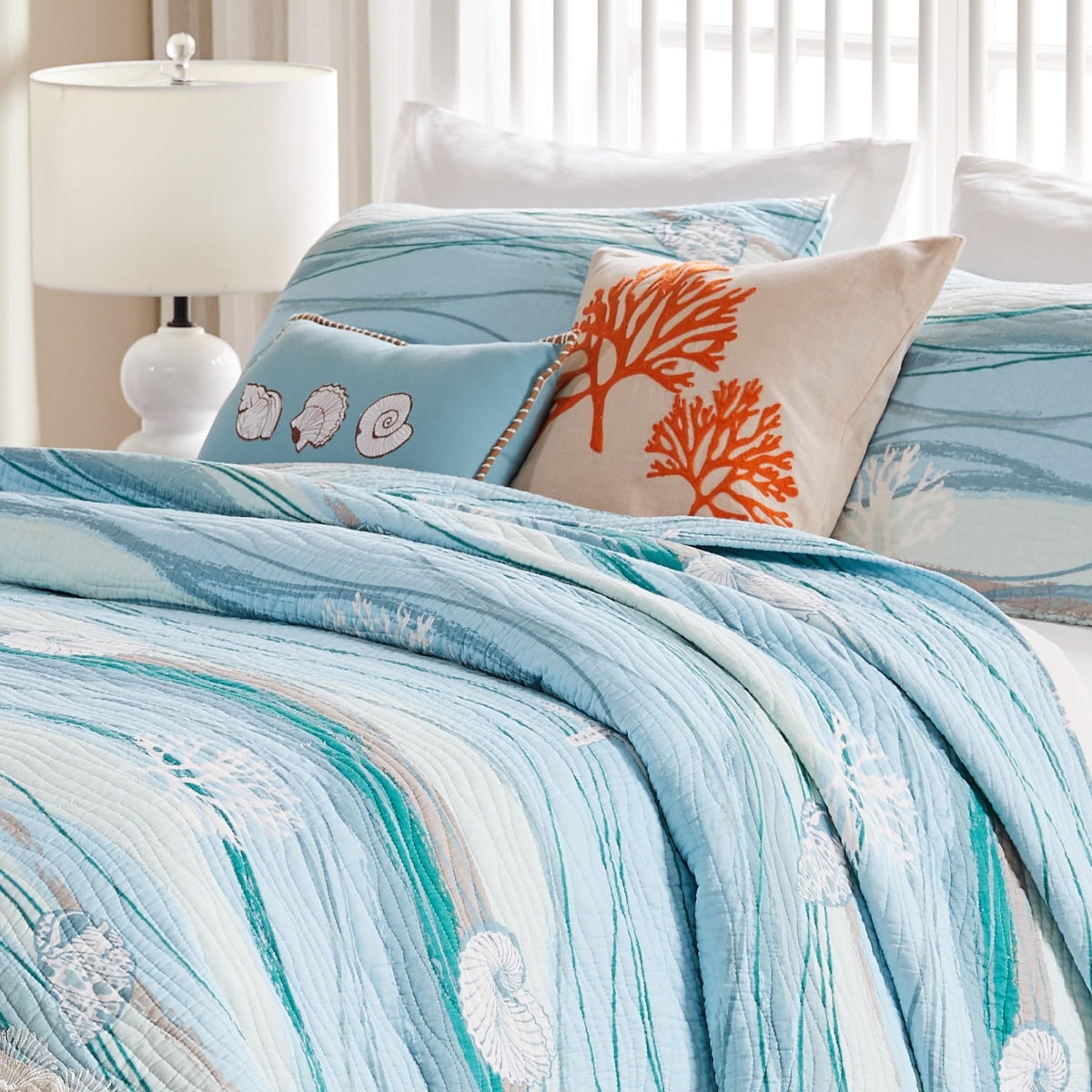 Maui Embroidered Coastal Quilt Set with Decorative Pillows and Euro Shams, (7-Piece)