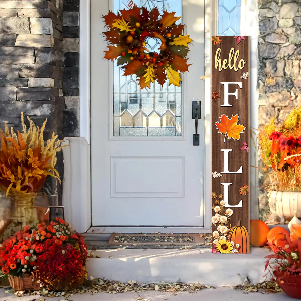 Hello Fall Porch Sign, Maple Sign for Front Porch, Dahlia Sunflower Wooden Sign Yard, Vertical Wood Sign Standing