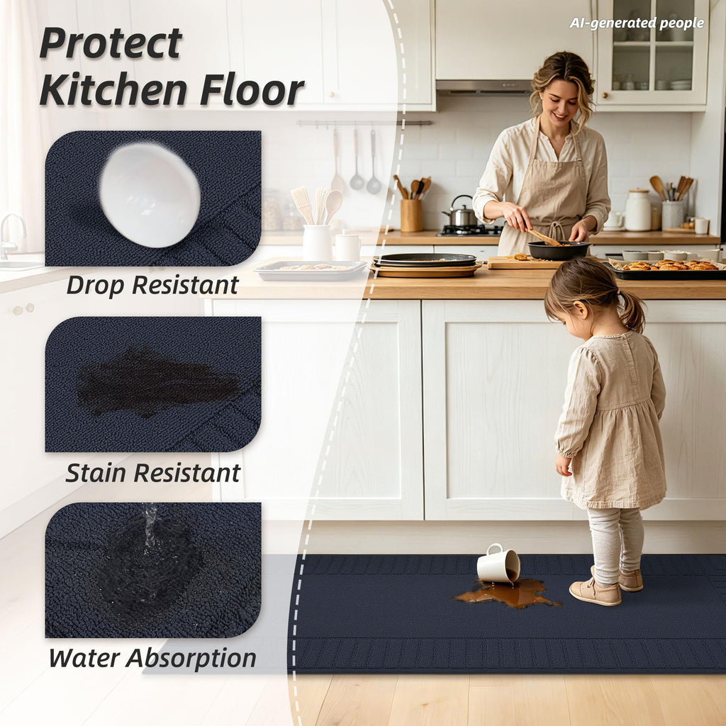 Kitchen Rugs 24"x71", Non Slip Washable Kitchen Mat, Navy Blue