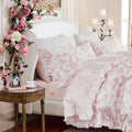 French Country Toile Queen Duvet Cover Set for Girl Women Bedroom Vintage Pink Toile Floral Print 100% Cotton Duvet