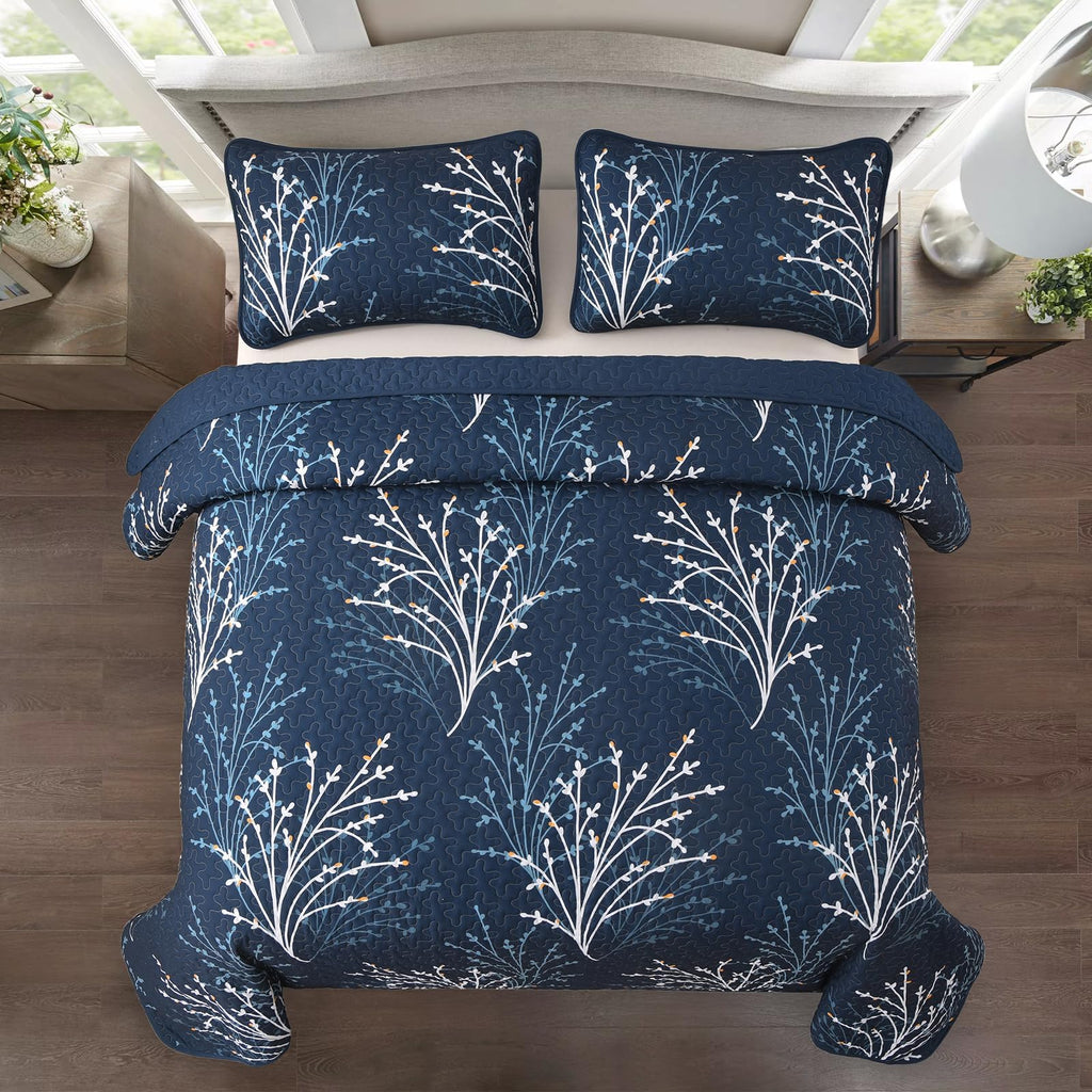 Navy Quilt Set Branch Botanical Bedspread Coverlet Set