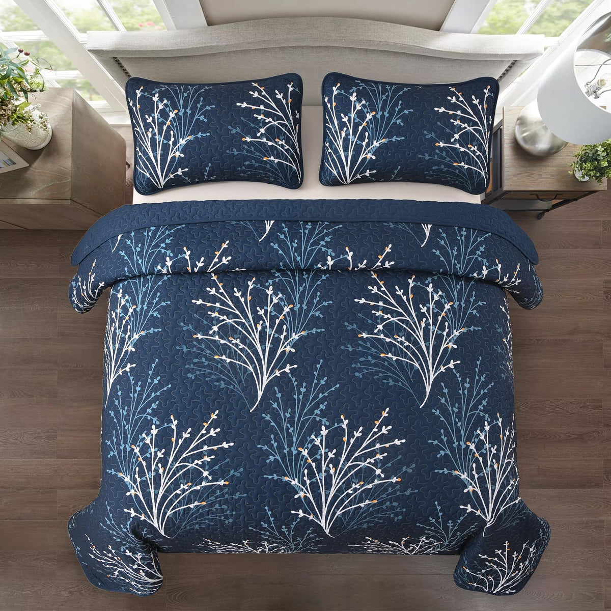 Navy Quilt Set Branch Botanical Bedspread Coverlet Set