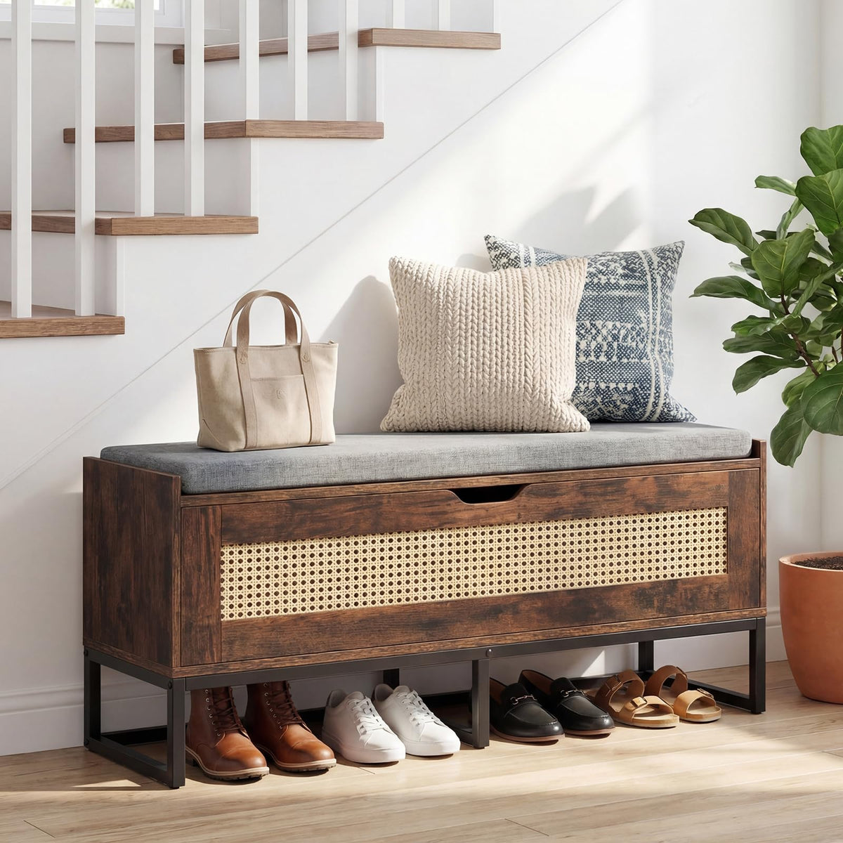 Rattan Shoe Bench, Flip-Top Entryway Bench with Removable Padded Seat & Hidden Storage, Wooden Shoe Storage Chest