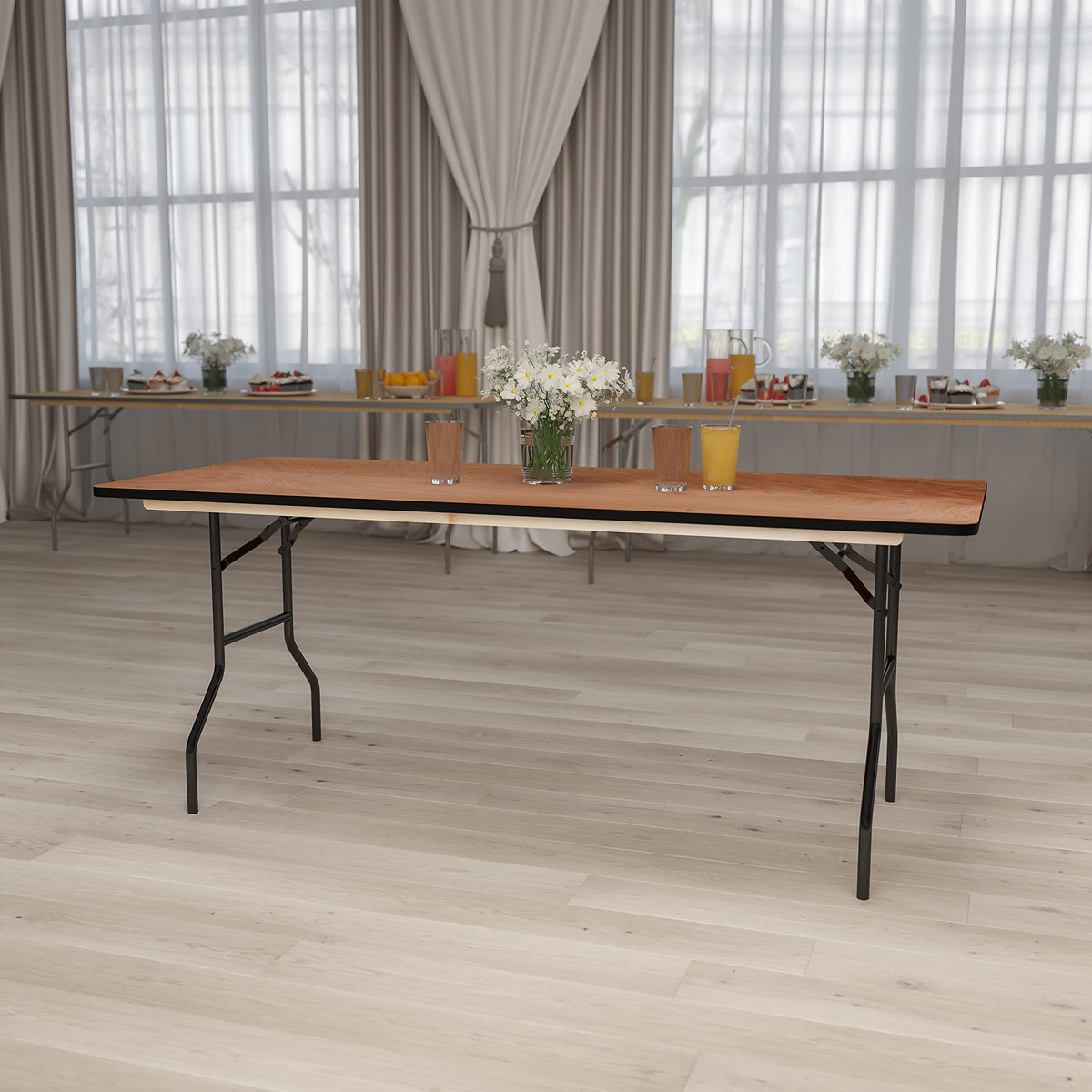 6 ft Wood Folding Banquet Table with Clear Coated Finish, 72" x 30"