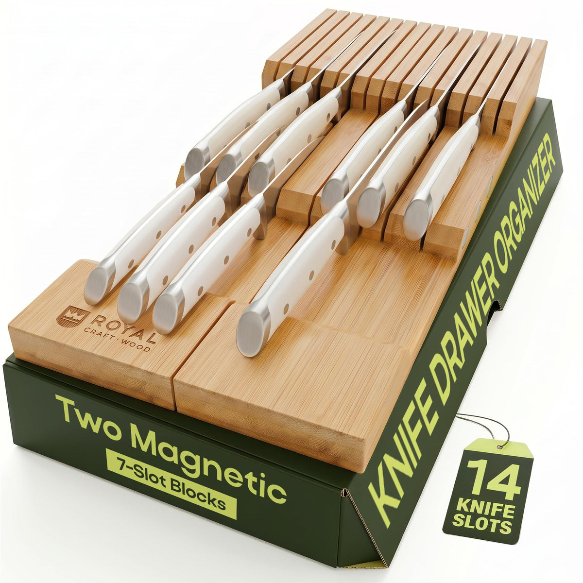 Knife Drawer Organizer - Bamboo In-Drawer Knife Block for 14 Knives - Premium Drawer Knife Organizer Insert, Kitchen