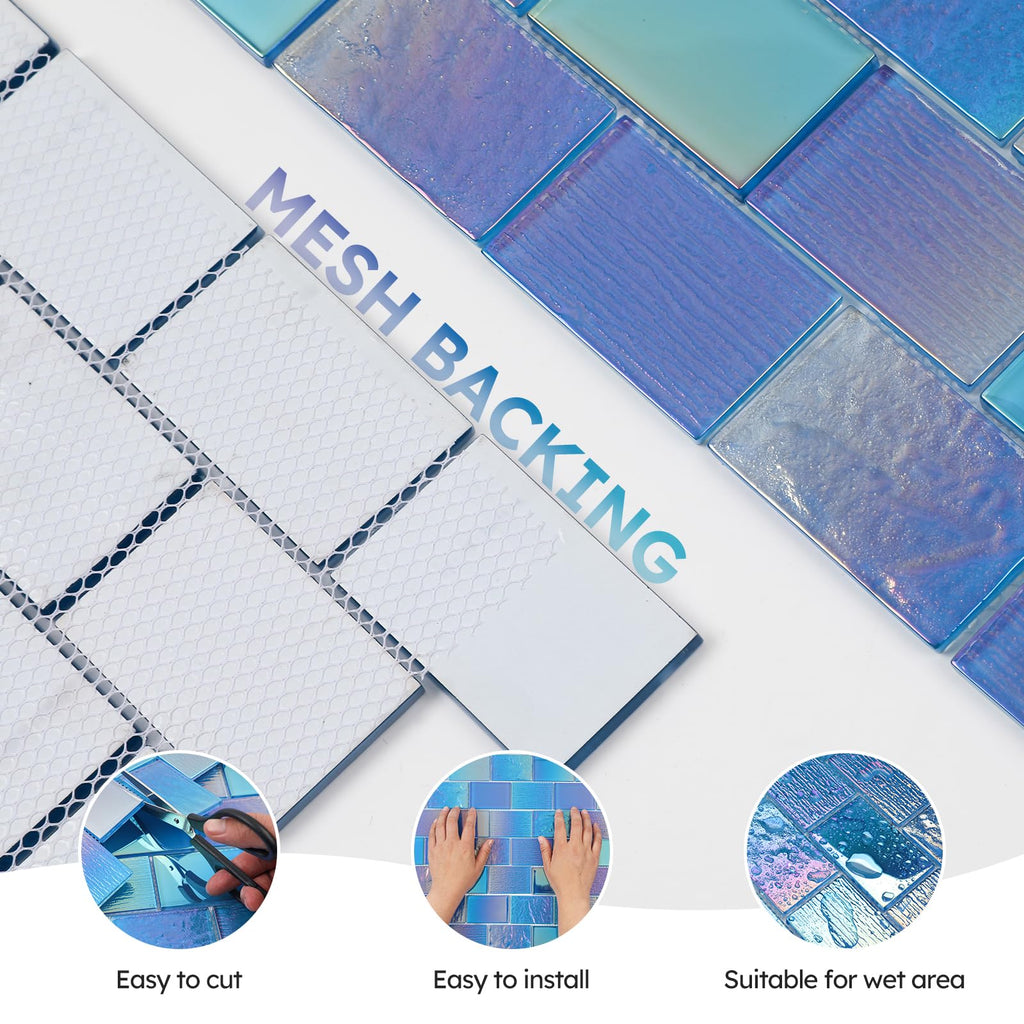 Pool Glass Mosaic Tiles, Iridescent Blue, 2x3 Inch Brick, 5 Sheets