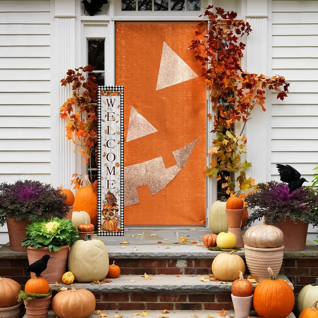 Fall Welcome Porch Sign Thanksgiving Day Wooden Door Sign 47" Large Buffalo Plaid Porch Sign for Pumpkin Sign Home