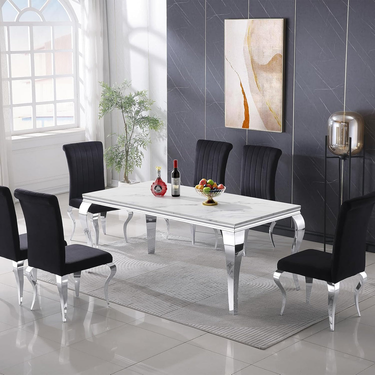 Luxury Marble Dining Table Rectangular 68" Faux Marble Kitchen Table with Silver Mirrored Stainless Steel Legs, White