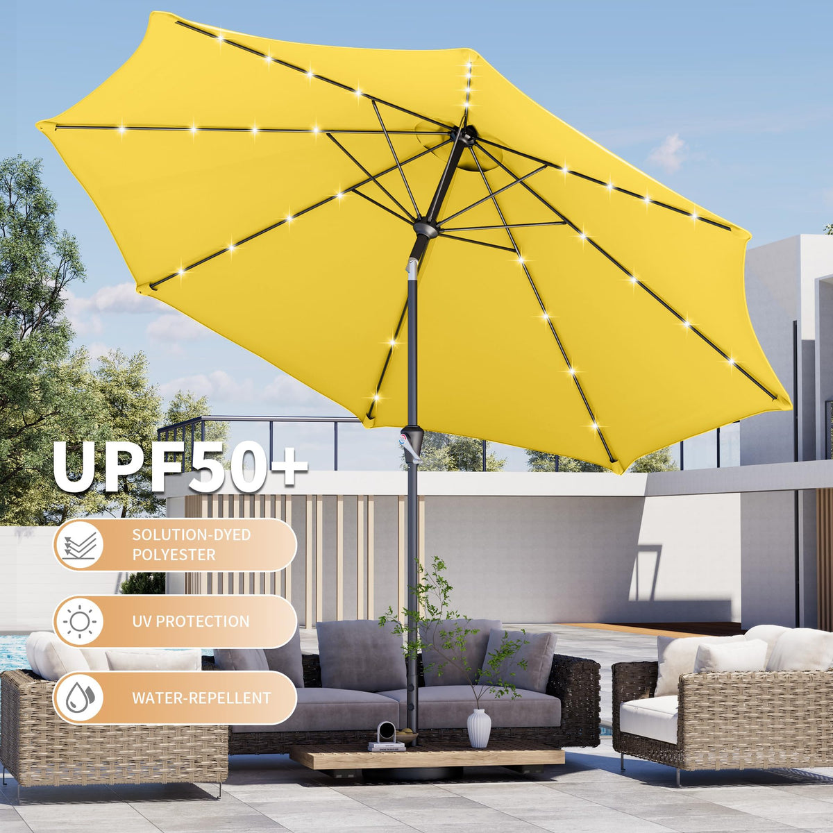 10FT Outdoor Patio Umbrella with Solar Lights, Market Table Umbrella with Push Button Tilt & Crank, 8 Sturdy Ribs, 32