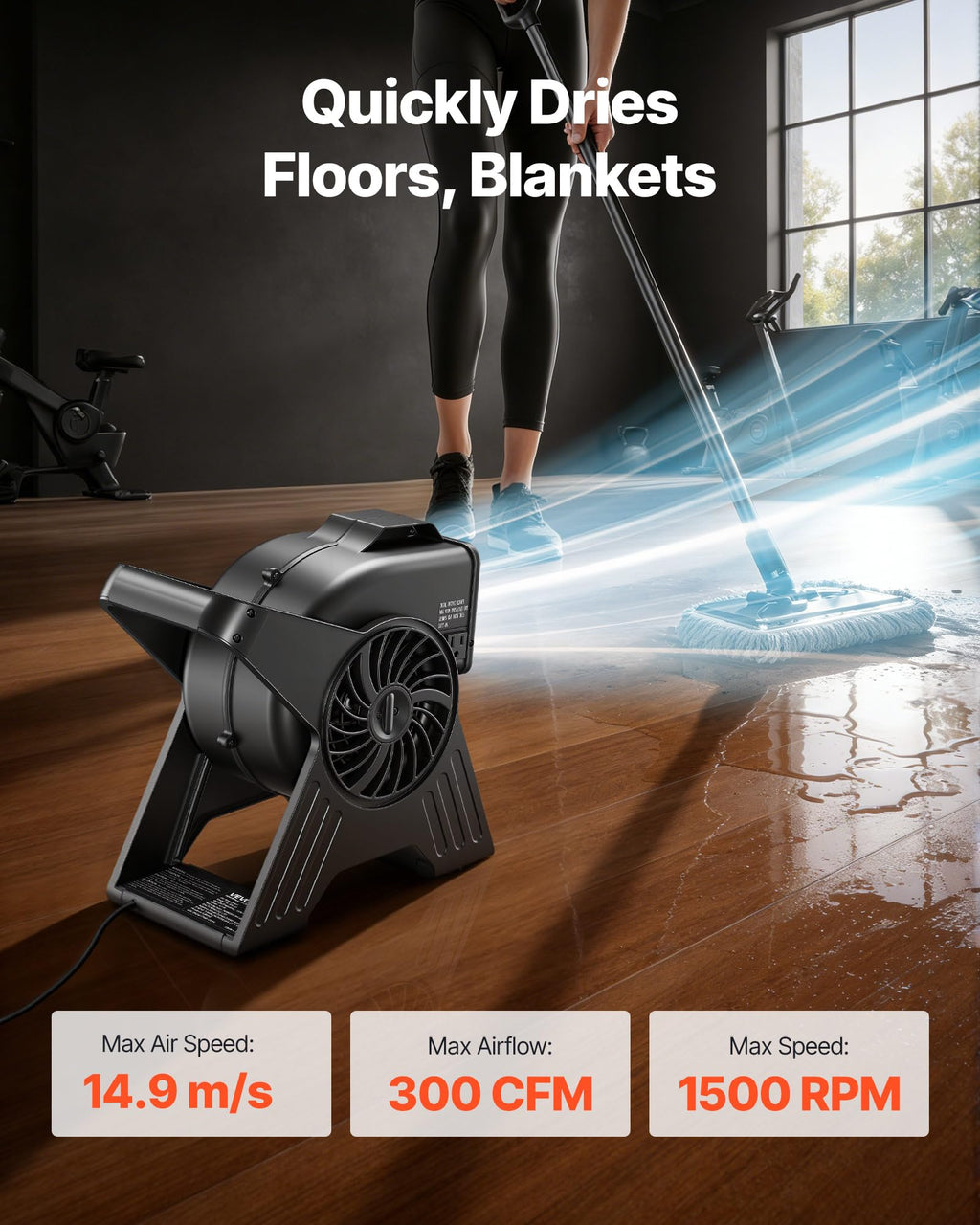 Blower Fan, 13 in Portable Utility Floor Fan, 300 CFM, 3 Speeds, Multi-Angle Airflow, Lightweight Portable High