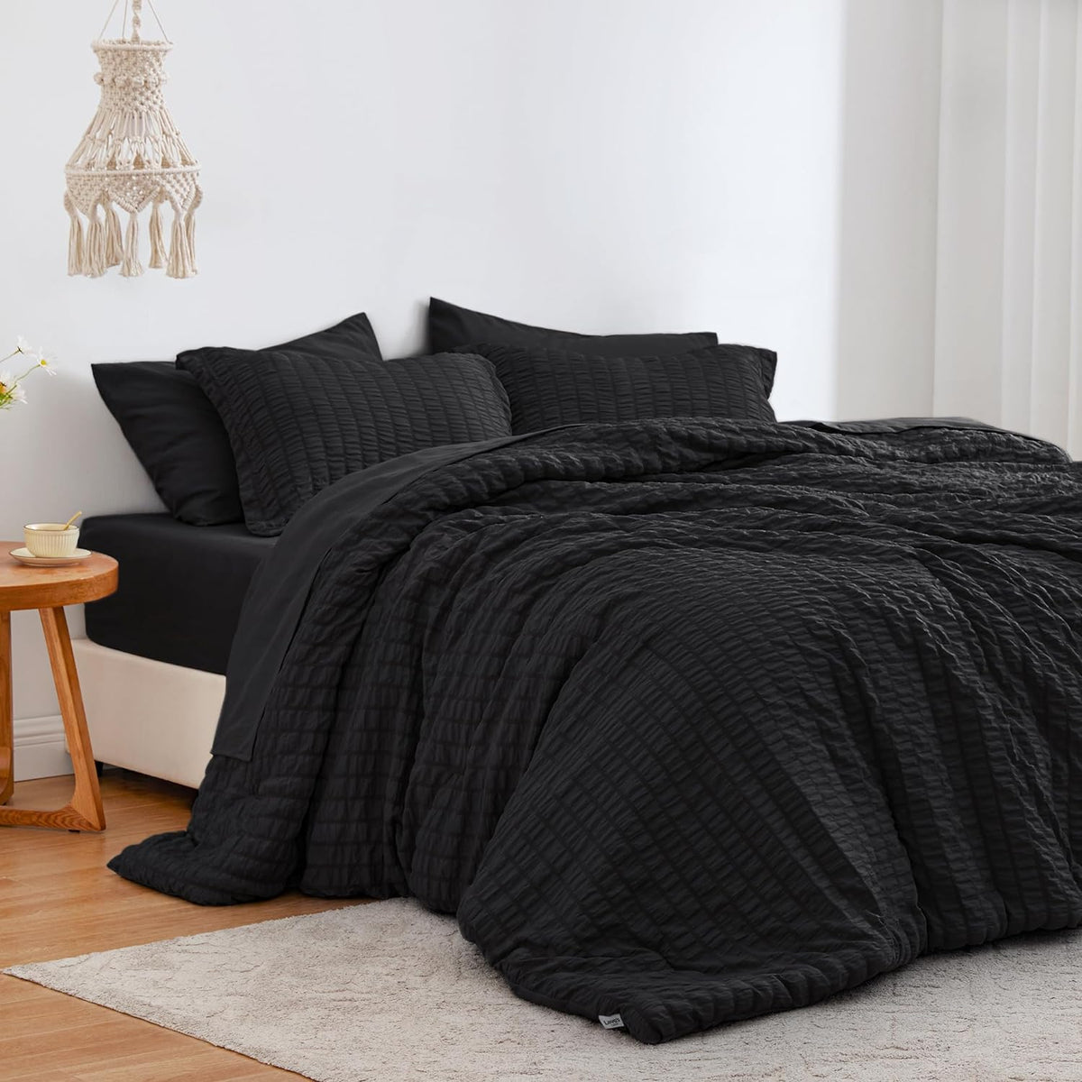 Seersucker Black Full Comforter Set, 7-Piece All Season Lightweight Bed in a Bag Bedding Set with Comforter, Flat