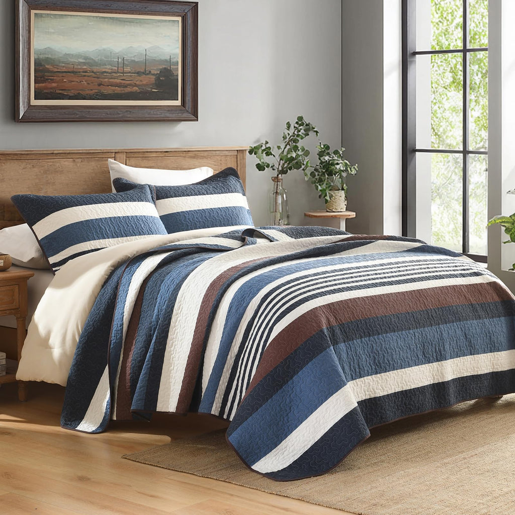 100% Cotton Quilt Set, Modern Stripe Pattern, Navy/Brown
