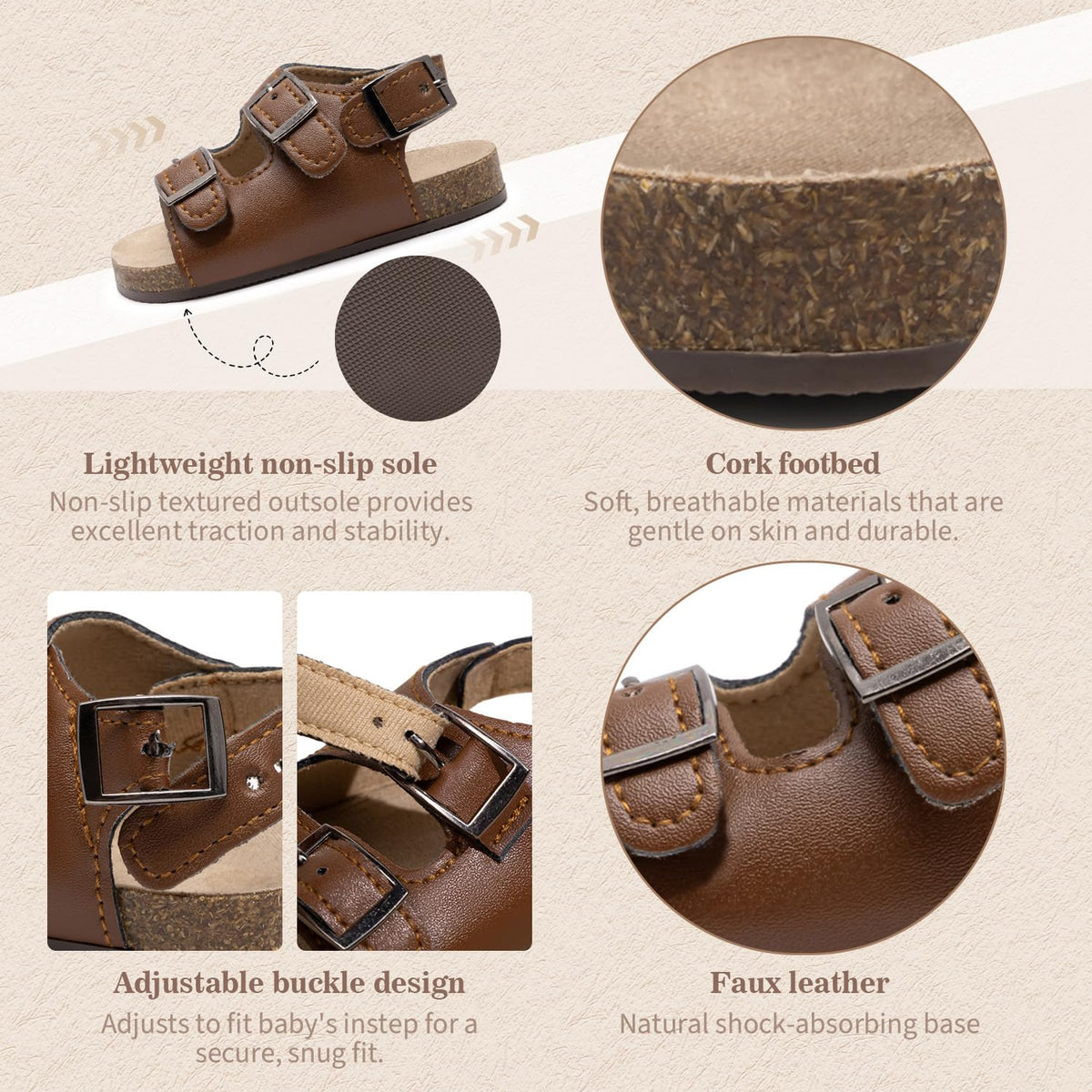 Baby Boys Girls Sandals Cork Footbed Adjustable Strap Clogs Infant Summer Non-Slip Rubber Sole Prewalk Shoes