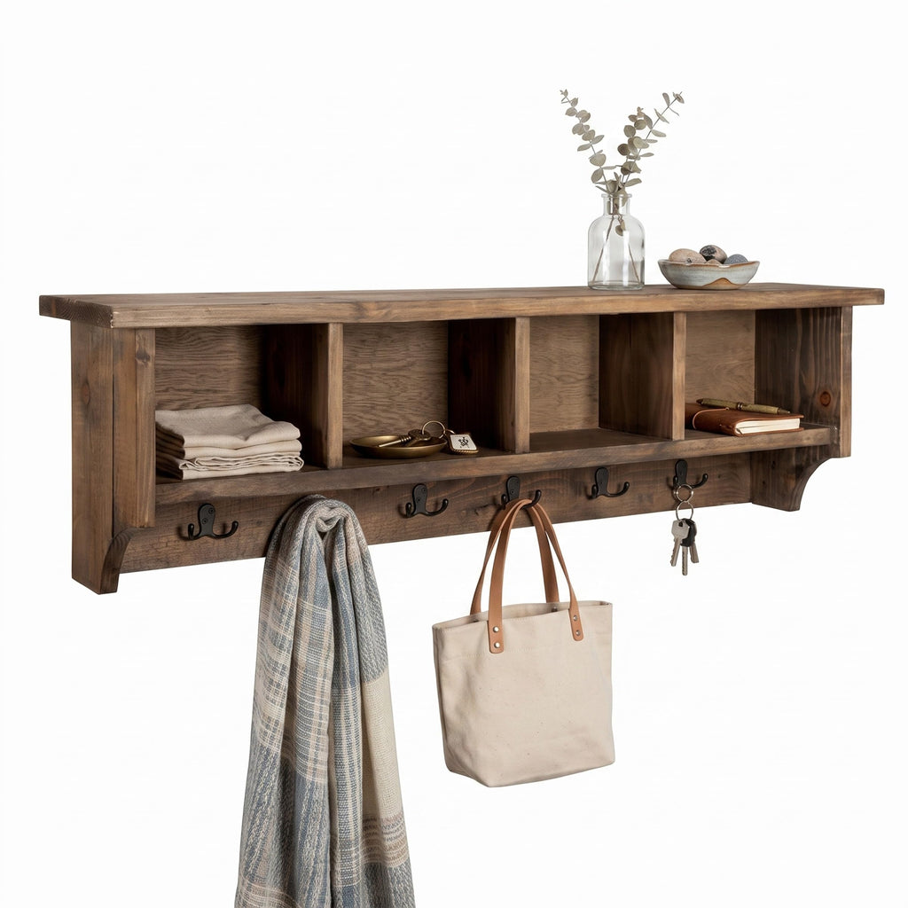 Pomona Solid Wood Entryway Coat Rack with Cubbies, Rustic Brown, 48"