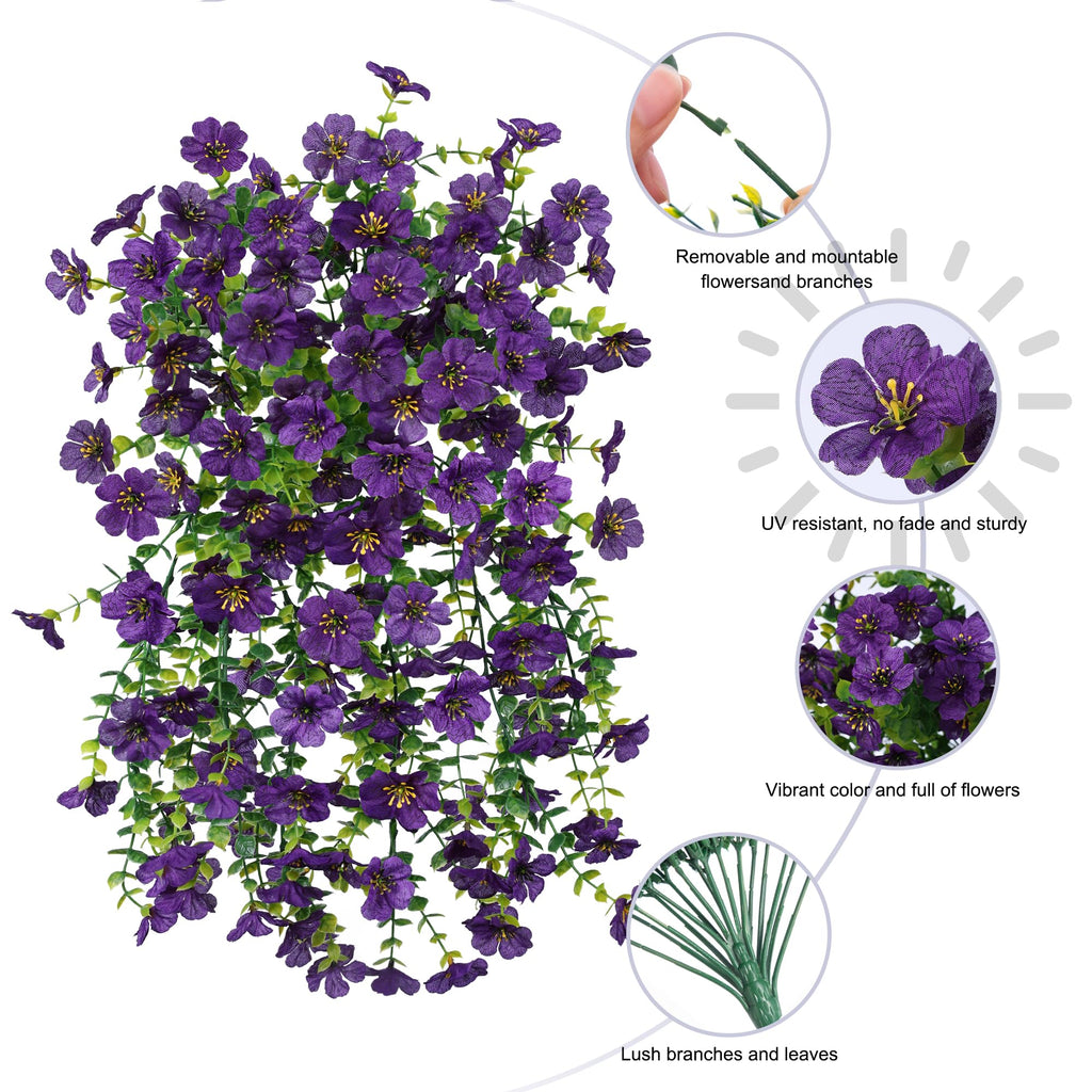 Artificial Flowers for Outdoors Garland Decoration, 2Pcs Dark Purple Fake Hanging Flowers, UV & Fading Resistant